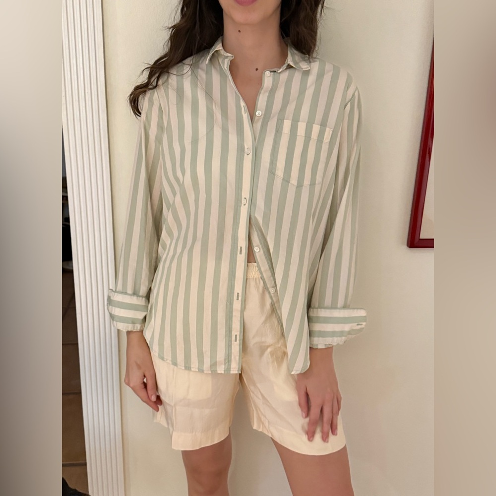 Madewell minty green and cream button down